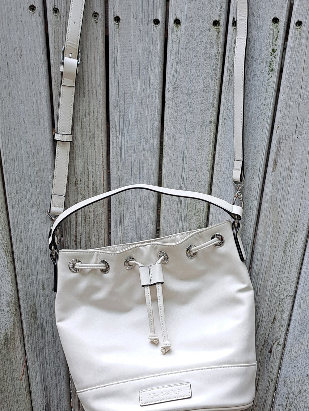 Vera Bradley White Drawstring Bucket Crossbody Bag